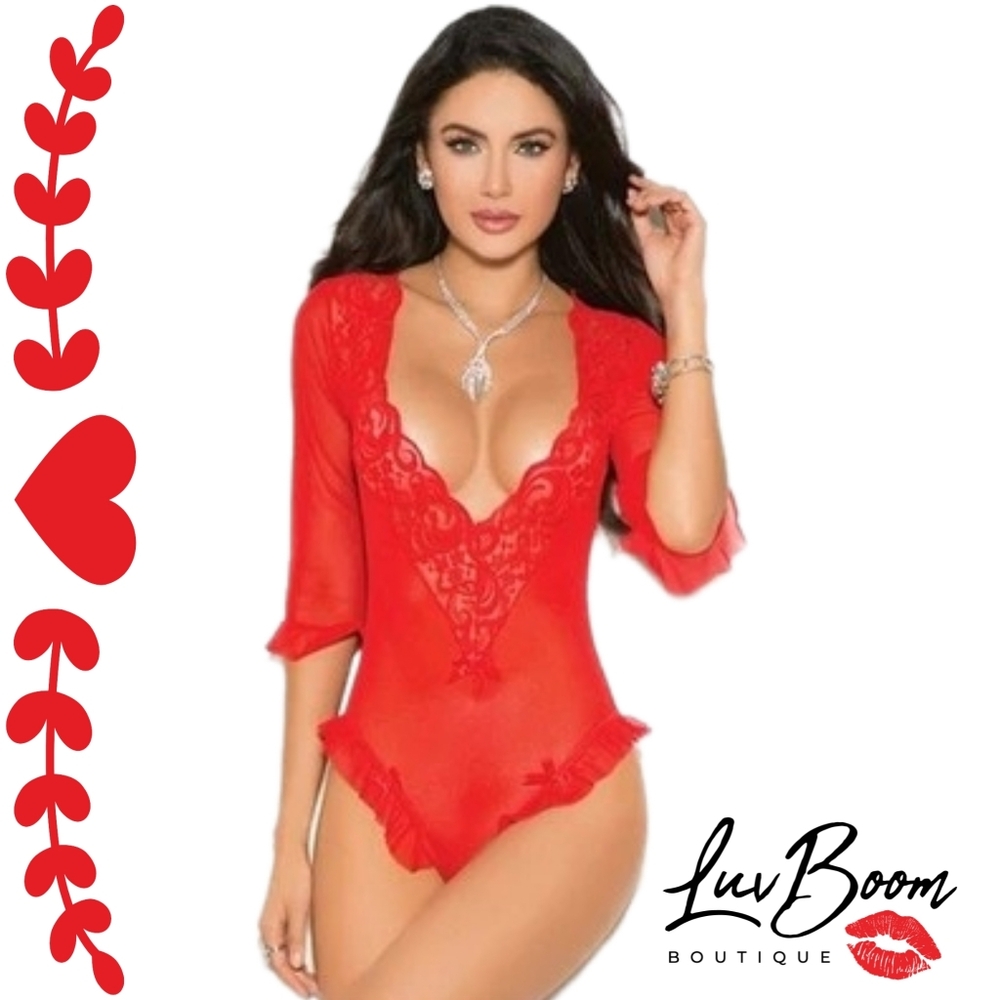 Romantic Red Lace Lingerie Set Teddy with Ruffle Anklet Socks